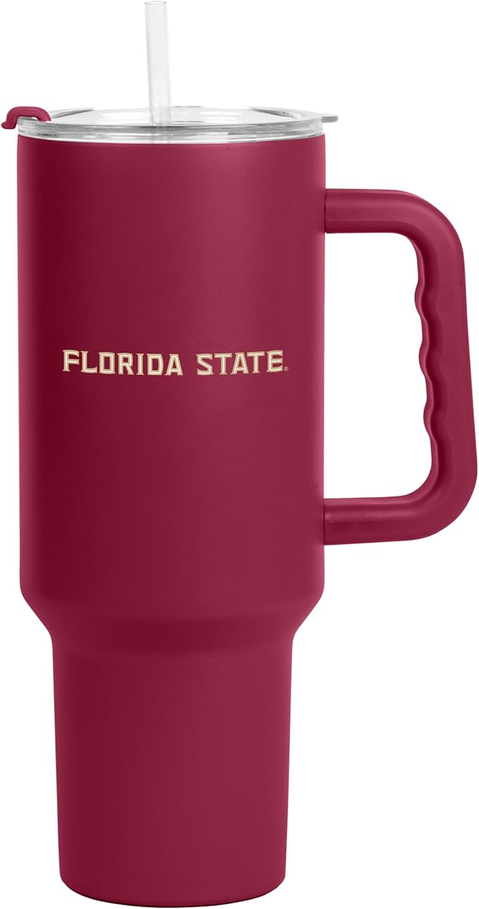 Logo Brands NCAA 40 oz Tumbler with Handle -Stainless Steel Insulated Travel Tumbler with Straw Lid – Powder Coated, Leak-Resistant, Keeps Drinks Hot/Cold – Great for Tailgating, or Everyday Use