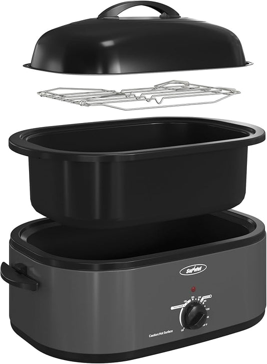Sunvivi 22lb 18-Quart Electric Roaster Oven with Self-Basting Lid, Turkey Roaster with Unique Defrost/Warm Function, Large Oven with Removable Pan & Rack, Stainless Steel, Grey