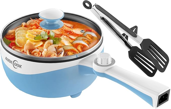 Audecook Hot Pot Electric, 1.7L Mini Electric Skillet Portable Nonstick Sauté Pan with Power Adjustment, Ramen Cooker Travel Multicooker for Steak/Soup/Egg/Oatmeal/Noodles