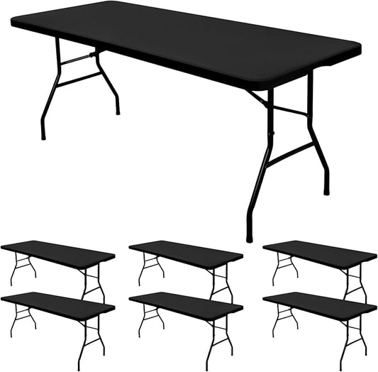 6 Pack Stretch Fabric Table Top Cap Cover, fits 8' Tables, Spandex Table Covers Washable Elastic Universal Rectangle Tablecloth Protector for Indoor Outdoor Party Picnic Wedding, Black, 30" W x 96" L