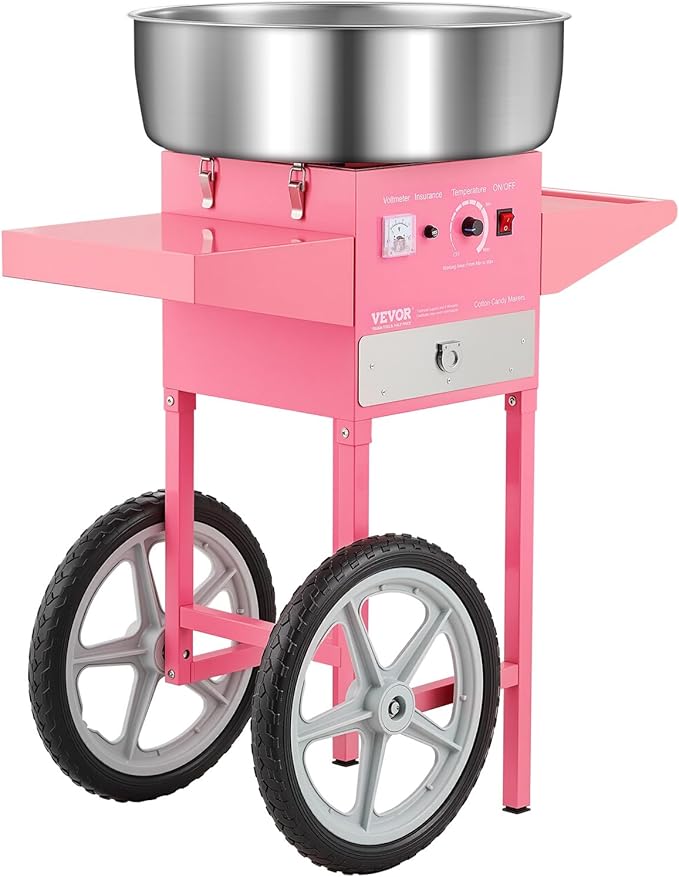 VEVOR Electric Cotton Candy Machine with Cart, 1000W Commercial Candy Floss Maker with 20.5 in Stainless Steel Bowl, Sugar Scoop, and Drawer, Easy to Use, for Home, Kids Birthday, Family Party, Pink