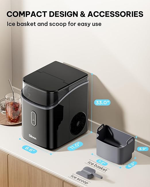 Silonn Nugget Ice Maker Countertop, Pebble Ice Makers with Crushed Soft Chewable Ice, 33lbs Per Day with Scoop, Pellet Portable Ice Machines with Auto-Cleaning for Home, Kitchen, Office, Black