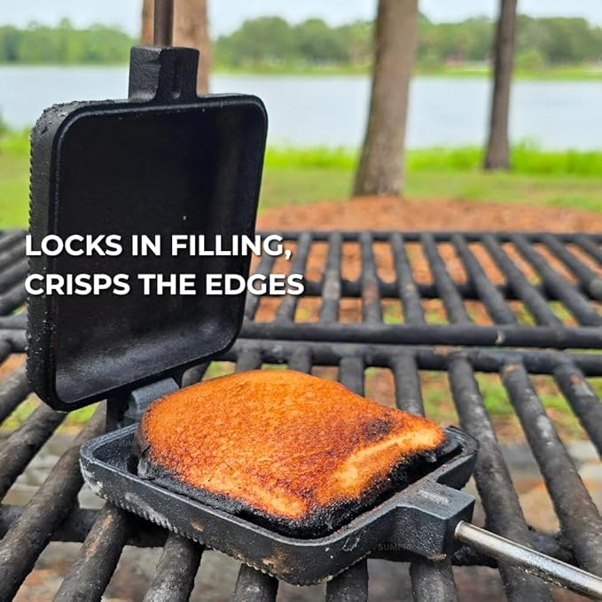 Pie Iron Set – Large Cast Iron Sandwich Maker for Camping, 3-Piece Camp Pie Cooker, Campfire Grilling & Outdoor Cooking Equipment