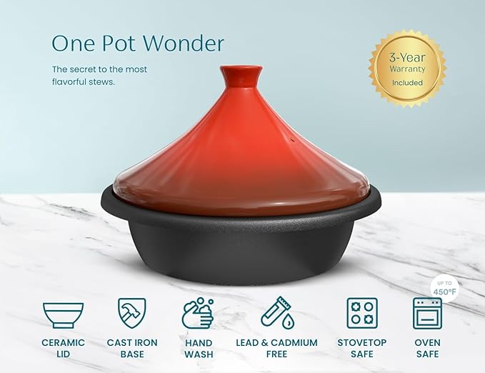 KooK Moroccan Tagine, Enameled Cast Iron Cooking Pot, Tajine with Ceramic Cone-Shaped Closed Lid, 3.3 QT, (Crimson)