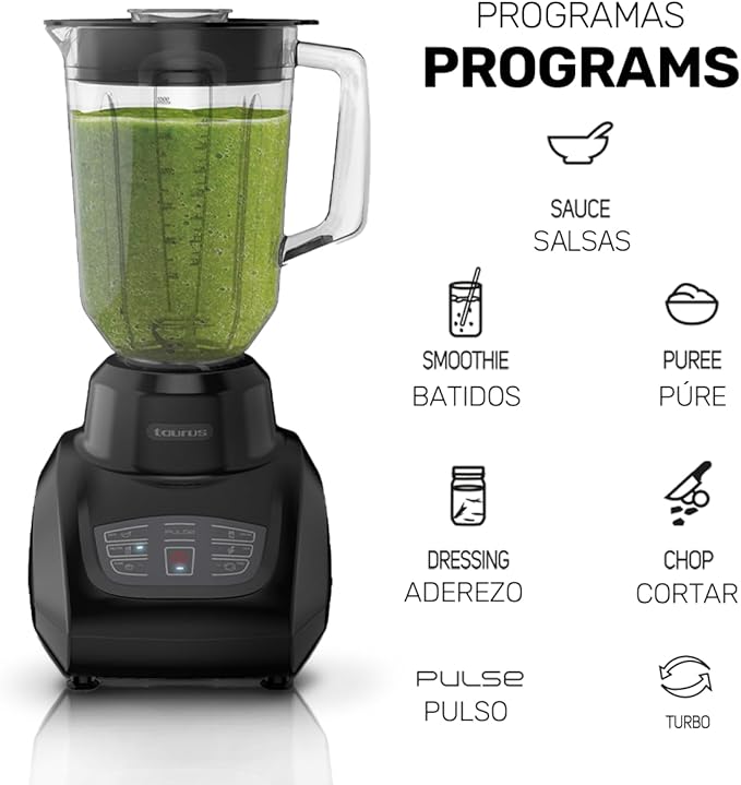 Taurus SEVILLA Countertop Blender | 48 oz Diamond Shaped Glass Jar | Touch Panel Controls with 6 Smart Pre Programmed Settings, 8 Speed Control & pulse function built-in | 550 watts
