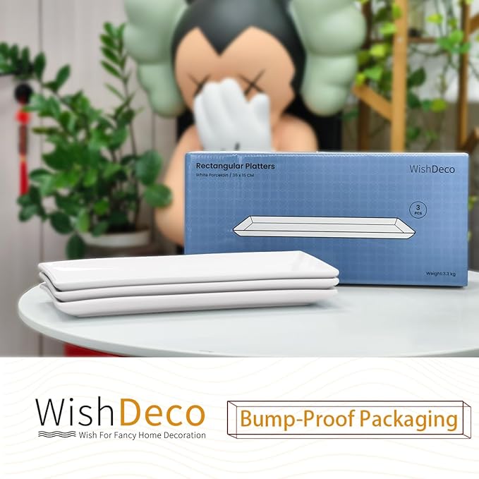 WishDeco Serving Platters Set of 3, Large Serving Trays 14 inch, White Serving Plates, Ceramic Rectangle Plate, Long Platter for Cake, Sushi, Steak, Dessert, Buffet