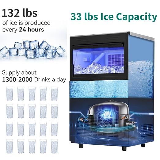 YITAHOME 132lbs Ice Maker Machine Commercial Under Counter Ice Maker, ETL & DOE Certificated Commercial Large Ice Makers Freestanding for Home Cafe Bar Restaurant 55pcs with 33lbs Storage Bin
