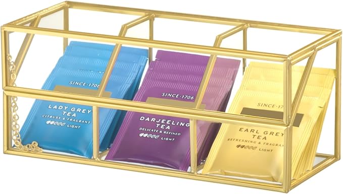 NCYP Glass Tea Bags Organizer with Lid, Small 3 Slots Teabag Storage Box, Indoor Counter Teabag Display Case, Kitchen Cabinet Gold Decor, 8.7 x 3.6 x 3.66 Inches (Glass Box Only)