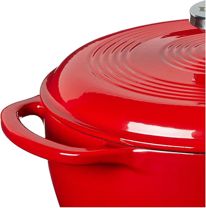 Lodge 4.5 Quart Enameled Cast Iron Dutch Oven with Lid – Dual Handles – Oven Safe up to 500° F or on Stovetop - Use to Marinate, Cook, Bake, Refrigerate and Serve – Solid Red