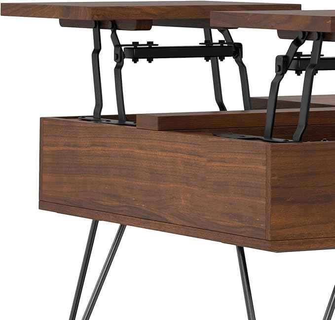 SIMPLIHOME Hunter Lift Top Coffee Table - 32 inch Wide Walnut Veneer and Metal Industrial Square Cocktail Table, Living Room Table with Dual Lift Tops, Hidden Storage and Hairpin Legs