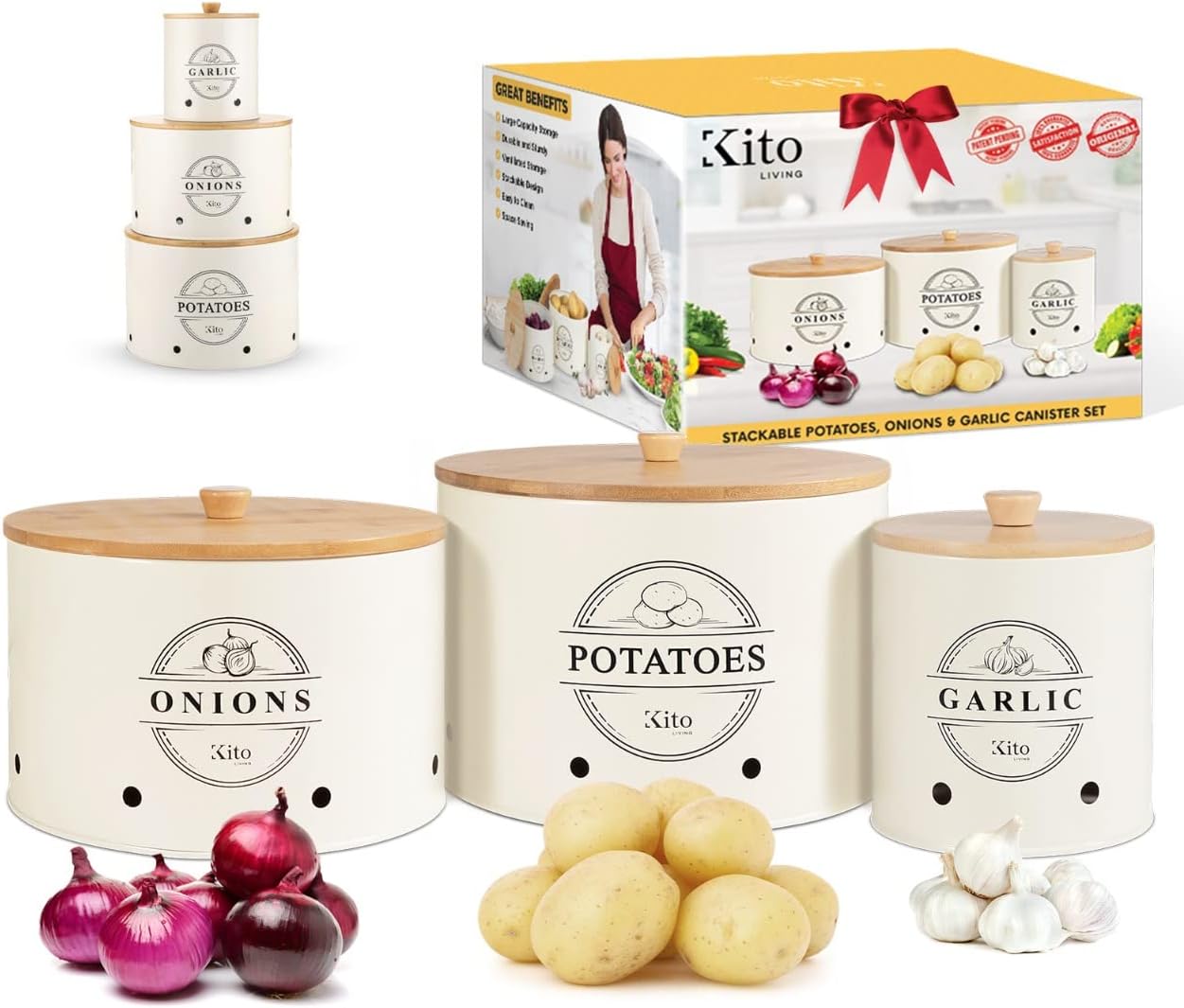 Canister Sets for Kitchen Counter with Wooden Bamboo Lids, Kitchen Canisters for Countertop, Stackable Steel Farmhouse Canisters for Potato Storage, Onion and Potato Storage Bins - Cream