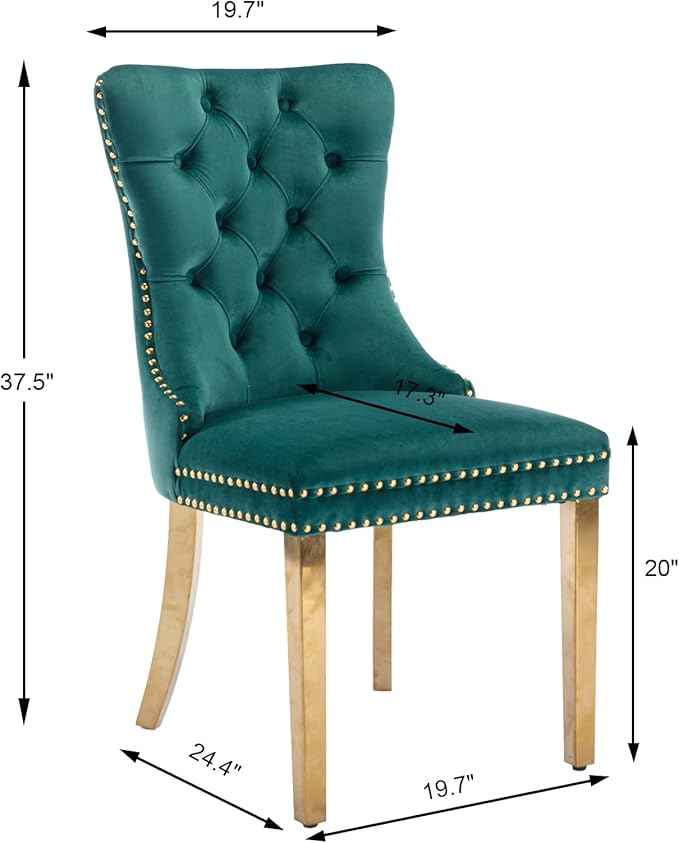Velvet Dining Chairs Set of 6, Upholstered Dining Room Chairs with Back Ring Pull Trim and Golden Stainless Steel Legs,Modern Kitchen Chairs Perfect for Dining Room,Living Room,Kitchen(Green)