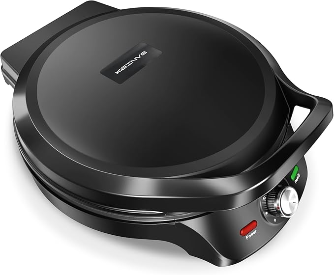 KEINVE 1500W Electric Griddle, 2-in-1 Indoor Griddle and Pizza Maker with 30-Min Timer and Auto Shut-Off, 12" 180° Open for BBQ, Steak, Burgers, Salmon, Veggies, and More