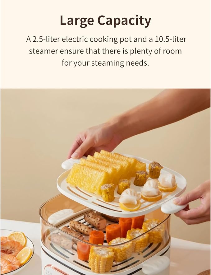 Two Tier Food Steamer, 1200W Electric Hot Pot with Steaming Plate, Mini Hot Pot for Fast Simultaneous Cooking, 10.5L Stackable Multipurpose Cooker for Soup Noodles Oatmeal (PP+pc