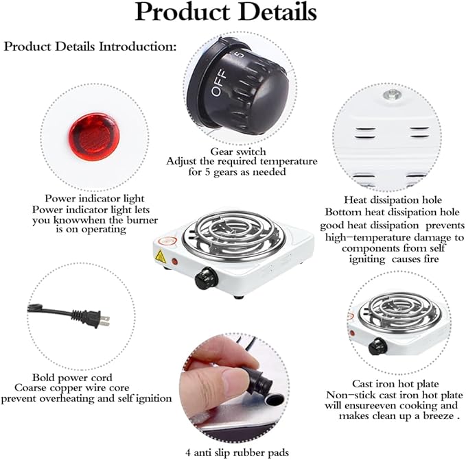 Compact and Portable Countertop Burner- Countertop Single Coiled Burner 1000 Watts Electric Hot Plate Temperature Controls White