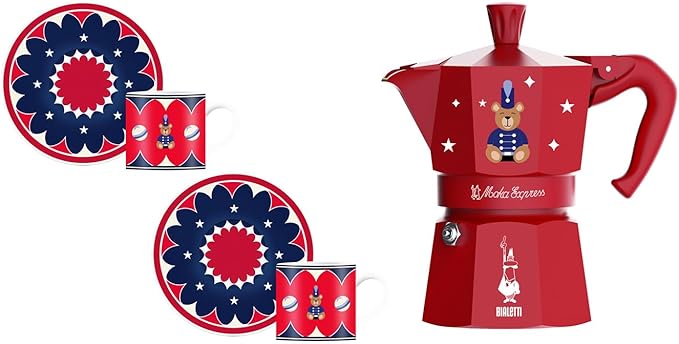 Bialetti Moka Express Iconic Italian Stovetop Espresso Maker (Red/Blue, 3 Cups Set)