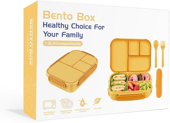 Amathley Lunch Box Kids,Bento Box Adult,Leakproof Lunch Containers for Adults/Kids/Toddler,1200ML-4 Compartments bento Lunch box with Utensil,Microwave & Dishwasher & Freezer Safe (Yellow)