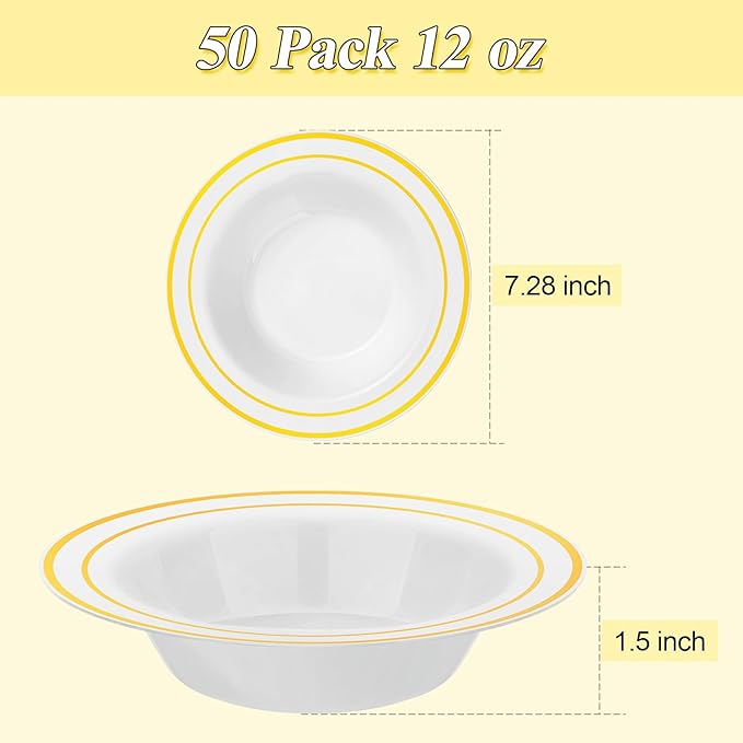 200 Pack Disposable Soup Bowls with Gold Rim, 12oz Premium Heavy Duty Plastic Dinner Bowls for Party, Wedding and Holiday