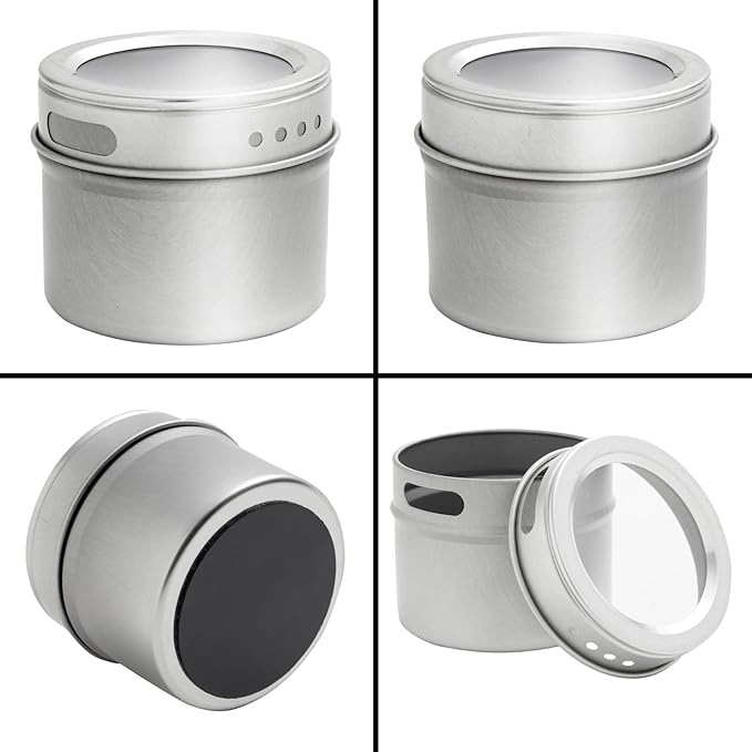 Talented Kitchen Magnetic Spice Jars - 3 oz, Stainless Steel, 24-Pack - Spice Tins with Sift & Pour Lids & Fridge Magnets for Kitchen Organization