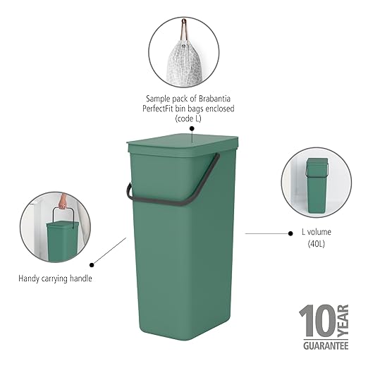 Brabantia Sort & Go Kitchen Recycling Bin | L / 10.6 Gal / 40L | Fir Green | Removable Stay-Open Lid, Carry Handle | Trash Can for Bottles, Cans, Paper, Glass | Wall Bracket Sold Separately