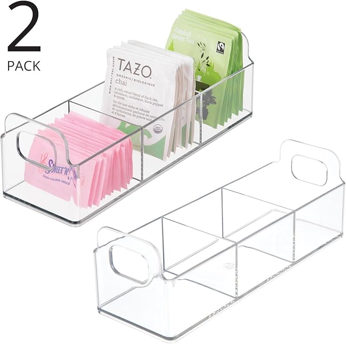 mDesign Plastic Condiment Organizer and Tea Bag Holder - 9" Long Kitchen Pantry/Countertop Storage Caddy - Divided Chip, Snack, Granola, Oatmeal Packet Holder - Lumiere Collection - 2 Pack - Clear