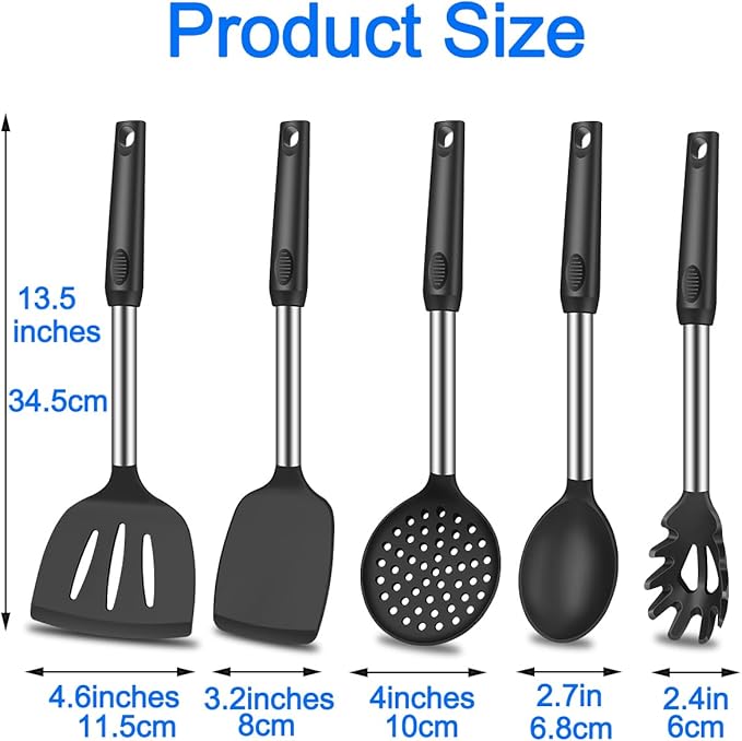 5Pcs Silicone Spatula Heat Resistant Long Large Spatulas Set for Nonstick Cookware, Rubber Pancake Fish Turner Spatula for Kitchen Use Silicone Cooking Kitchen Utensils Set Black