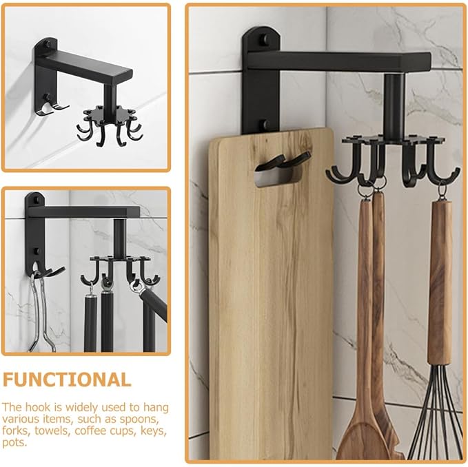 Rotatable 8-Claw Kitchen Utensil Hooks Black Space Aluminum Alloy 360-degree Swivel Wall-Mounted Sundries Organizer for Measuring Cups and Spoons