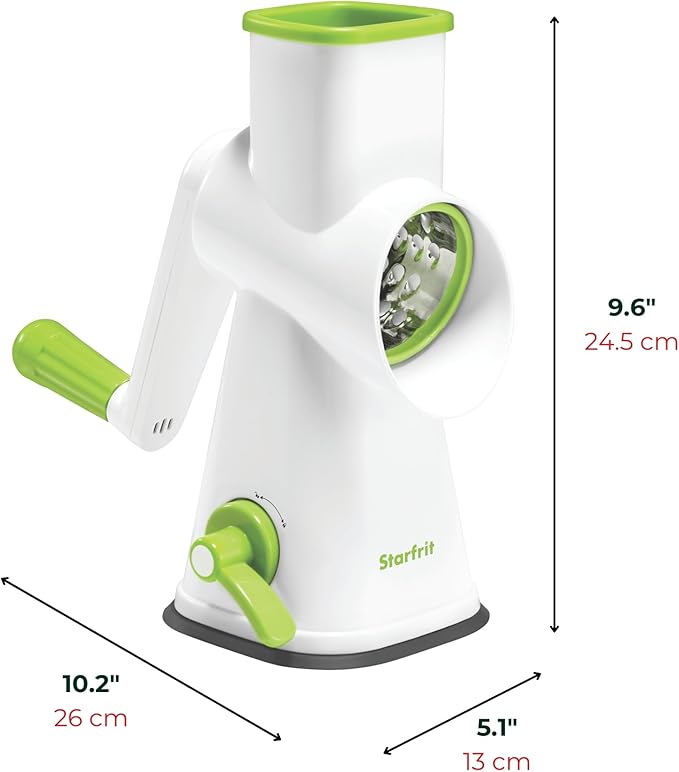 Starfrit Rotary Drum Grater - 4 Interchangeable Stainless Steel Drums - Slicing, Coarse and Fine Grating, Ice Shaving - Great for Vegetables, Cheese, Nuts, Chocolate