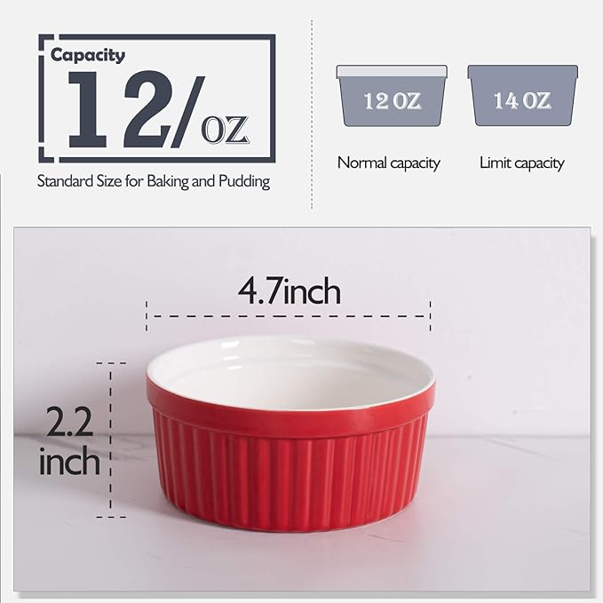 DELLING 12 oz Ramekins Set of 6 - Porcelain Creme Brulee Oven Safe Souffle Dishes, Ceramic Custard Cups for Baking, French Onion Soup Bowls - Red Ramekin Dessert Bowls, Dishwasher Microwave Safe