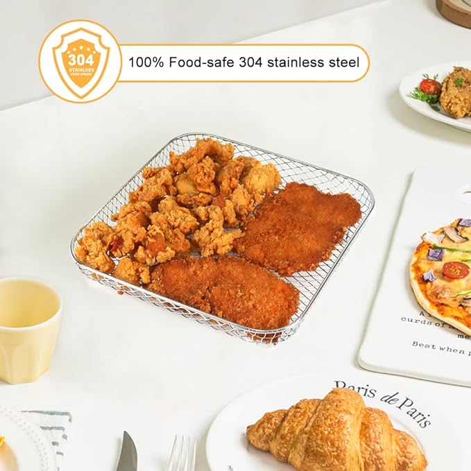 BYKITCHEN 8 inch Square Air Fryer Rack, 3pcs Stackable Stainless Steel Dehydrator Rack with Silicon Feet, Square Air Fryer Accessories for Cosori, Instant Vortex, Ninja Pro XL 6.5 QT AF181 & More