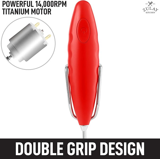 Zulay Double Grip Milk Frother with Holster Stand – Handheld Electric Coffee Frother, One-Touch Foam Maker – Detachable SS Whisk for Latte, Cappuccino, Matcha, Hot Chocolate – Red