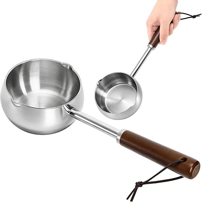 Mini Milk Warmer Pot, 15 OZ/450 ml Stainless Steel Melting Pot, Hot Oil Pan with Wood Handle, Dual Spouts Small Saucepan for Seafood Butter Chocolate Cooking Restaurant Kitchen Camping