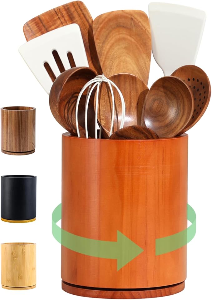 Wooden Utensil Holder, 360°Rotating 7.3'' Large Utensil Holder for Kitchen Counter, Kitchen Utensil Organizer, Utensil Crock, Farmhouse Kitchens Countertop Decor, Cherry-finish