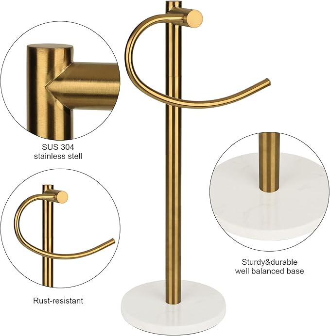 19 inch Brushed Gold Hand Towel Holder Stand,Hand Towel Bar Bathroom Vanity Countertop Towel Holder Free Standing,Towel Ring Hardware Accessories Towel Rack