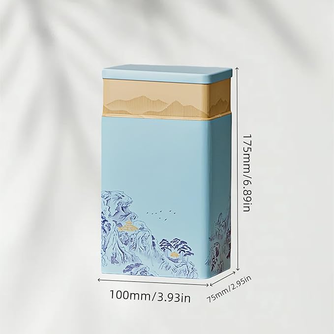 HAN SHENG Tea Canister, Airtight Storage Tin for Loose Leaf Tea & Bags, 8-Inch Decorative Metal Container with Oriental Mountain Design, Blue