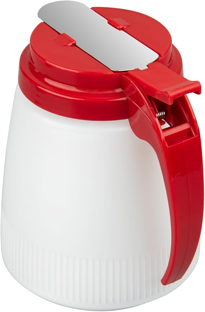 Restaurantware-Chef 101 32 Ounce All Purpose Syrup Dispenser, 1 Honey Dispenser - Red Top, Stainless Steel Slide Cover, Plastic Pancake Syrup Bottle, Perfect For Diners, Restaurants, Home