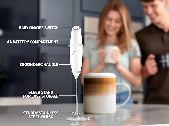 Zulay Premium Gift Milk Frother Set – Handheld Coffee Frother with Stand, 12oz/350ml Frothing Pitcher + 4 Latte Art Stencils – 13,000 RPM Motor, SS Whisk, Battery Operated – Barista Kit (White)