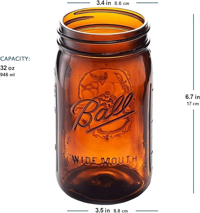 Ball Elite Collection Amber Glass Wide Mouth Mason Jar (32 oz/Quart) Amber Canning Jar - UV light Protection - Microwave & Dishwasher Safe, 1 Jar (No Lid or Band)