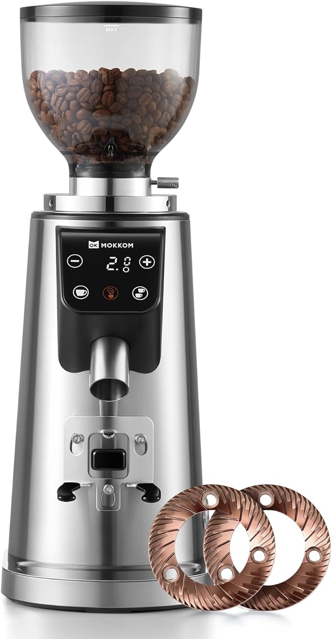 MOKKOM Professional 64mm Plated Flat Burr Coffee Grinder with 100 Grind Settings, All-Metal Stainless Steel Body, Coffee Bean Grinder with Adjustable Electronic Timer, Anti-Static, LED Display