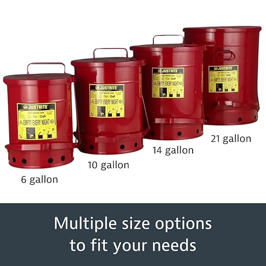 Justrite 6 Gallon Galvanized Steel Oily Waste Can, 16" x 12" Metal Oil Rag Safety Can With Foot Operated Self-Closing Lid for Oil Rag Disposal, Made in the USA, Red, 09100