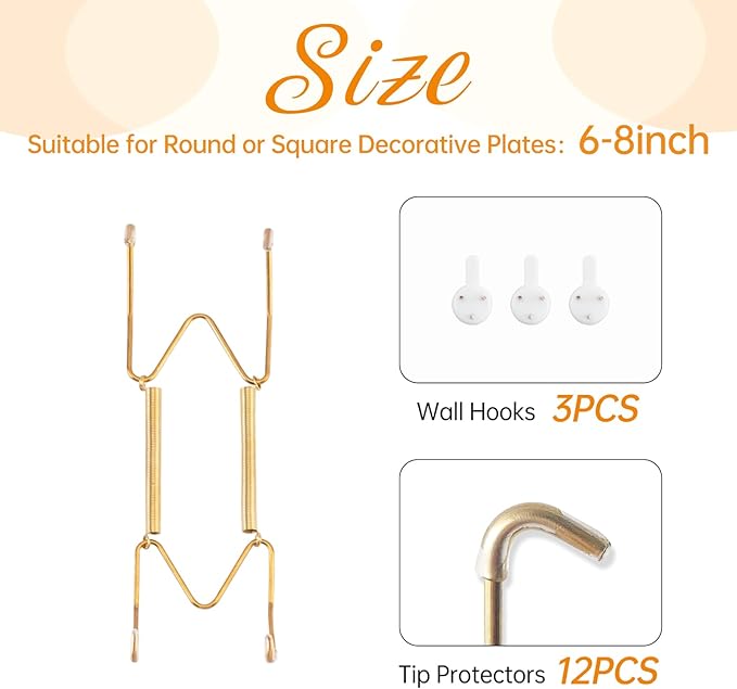 3 Pack Plate Hangers for The Wall, Suitable for 6-8 inch Art Plate, Stainless Steel Invisible Heavy Duty Wire Plate Holder with Wall Hooks, Plate Hangers for Displaying Plates, Platter, Dish, Gold