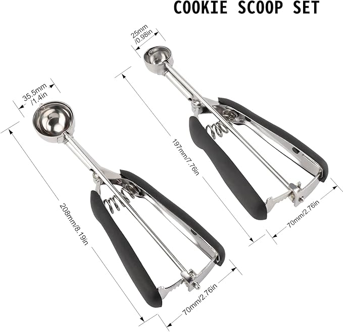 Small Cookie Scoop Set - 2 PCS Include 1 tsp / 1 Tbsp Cookie Dough Scoop, Cookies Scoops for Baking, Made of 18/8 Stainless Steel, Good Soft Grips, Quick Trigger Release