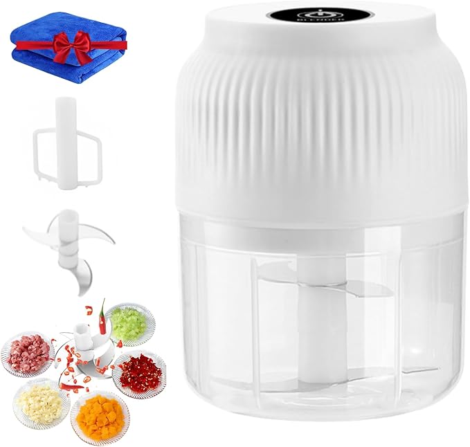 300ML USB Rechargeable Electric Garlic Chopper, Mini Portable Veggie Cutter with Eggbeater&4/6 Knife Heads, Veggie Chopper with Container and Lid, Vegetable Crusher (White A)