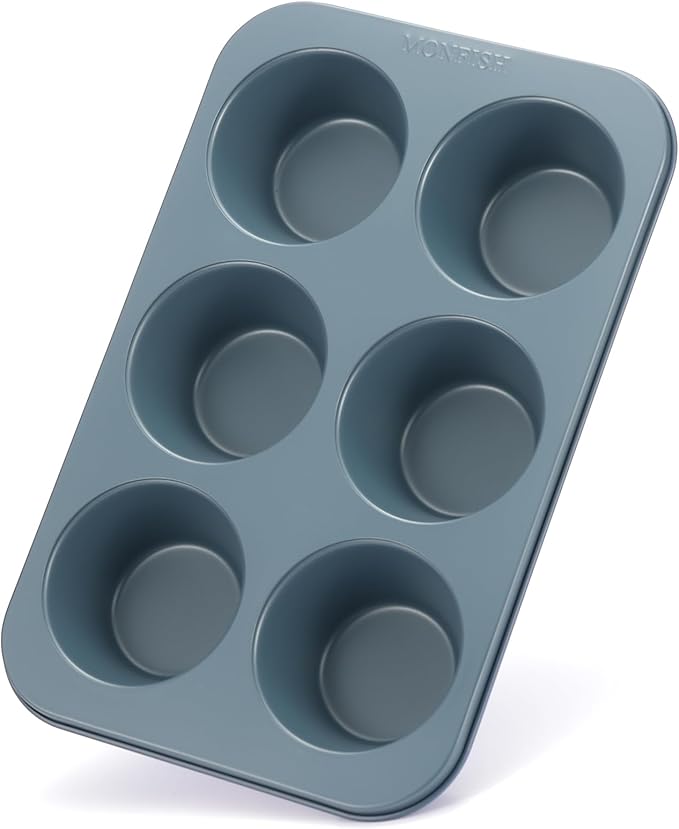 Monfish Muffin Pan 6 Jumbo Cup Carbon Steel Haze Blue non Stick Coating Muffin cupcake Tin 3.5inch cup Roy blue