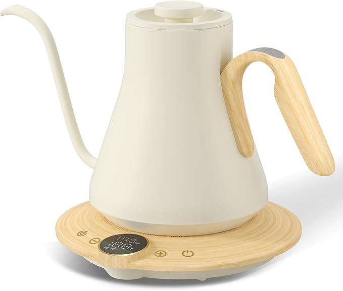 Cocinare Barista Collection Gooseneck Electric Kettle, ±1℉ Precise Temperature Control for Pour-Over Coffee & Tea, Quick Heating 1500W, Stainless Steel Interior, 0.9L (White Maple)