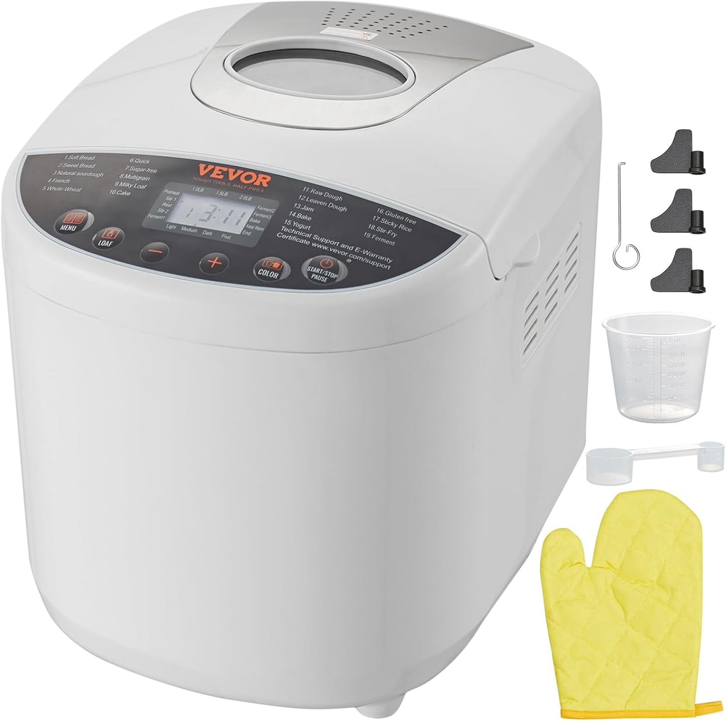 VEVOR Bread Maker, 19-in-1 2LB Dough Machine, Nonstick Ceramic Pan Automatic Breadmaker with Gluten Free Setting, Whole Wheat Bread Making, Digital, Programmable, 3 Loaf Sizes, 3 Crust Colors, White