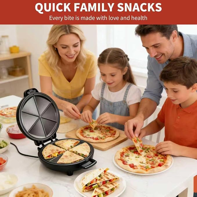 Electric Quesadilla Maker, 9.5'' Quesadilla Press with Easy Slice 6 Wedge, Non Stick Surface, Locking Latch For Extra Stuffing, Grilled Cheese Corn Flour Tortilla Snacks