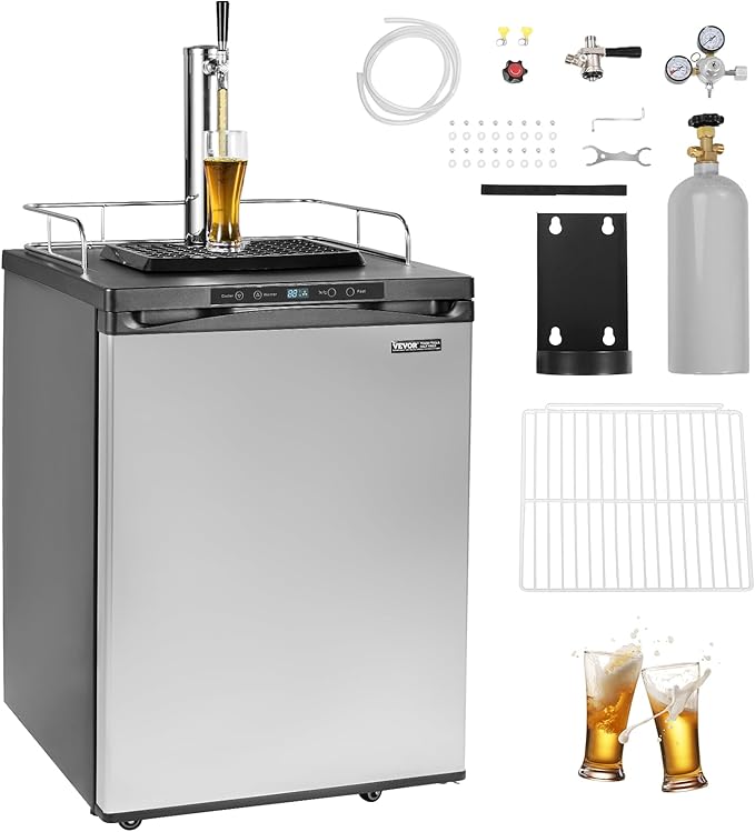 VEVOR Beer Kegerator, Single Tap Draft Beer Dispenser, Full Size Keg Refrigerator With Shelf, CO2 Tank(No Gas), Drip Tray & Rail, 23°F- 82.4°F Temperature Control, 162L, Silver