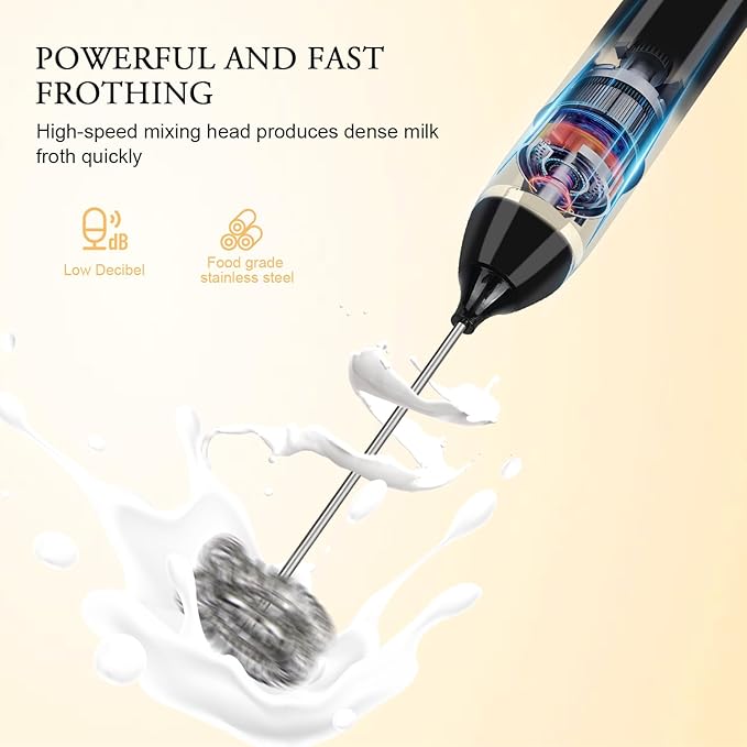 Milk Frother Handheld,Dallfoll USB Rechargeable Electric Foam Wand Maker for Coffee, 3 Speeds Mini Milk Foamer Drink Mixer with 2 Whisks for Bulletproof Coffee Frappe Latte Cappuccino Hot Chocolate