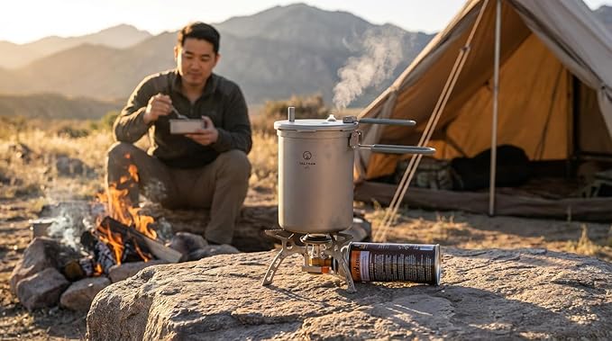 Valtcan 1800ml Titanium Pressure Pot Rice Cooker 35 kPa Locking Lid, Perfect Rice in 20 Min | Grade 1 Ti, No Coatings, Flavor-Neutral | Ultralight Camp & Home Cookware for High Altitude Cooking